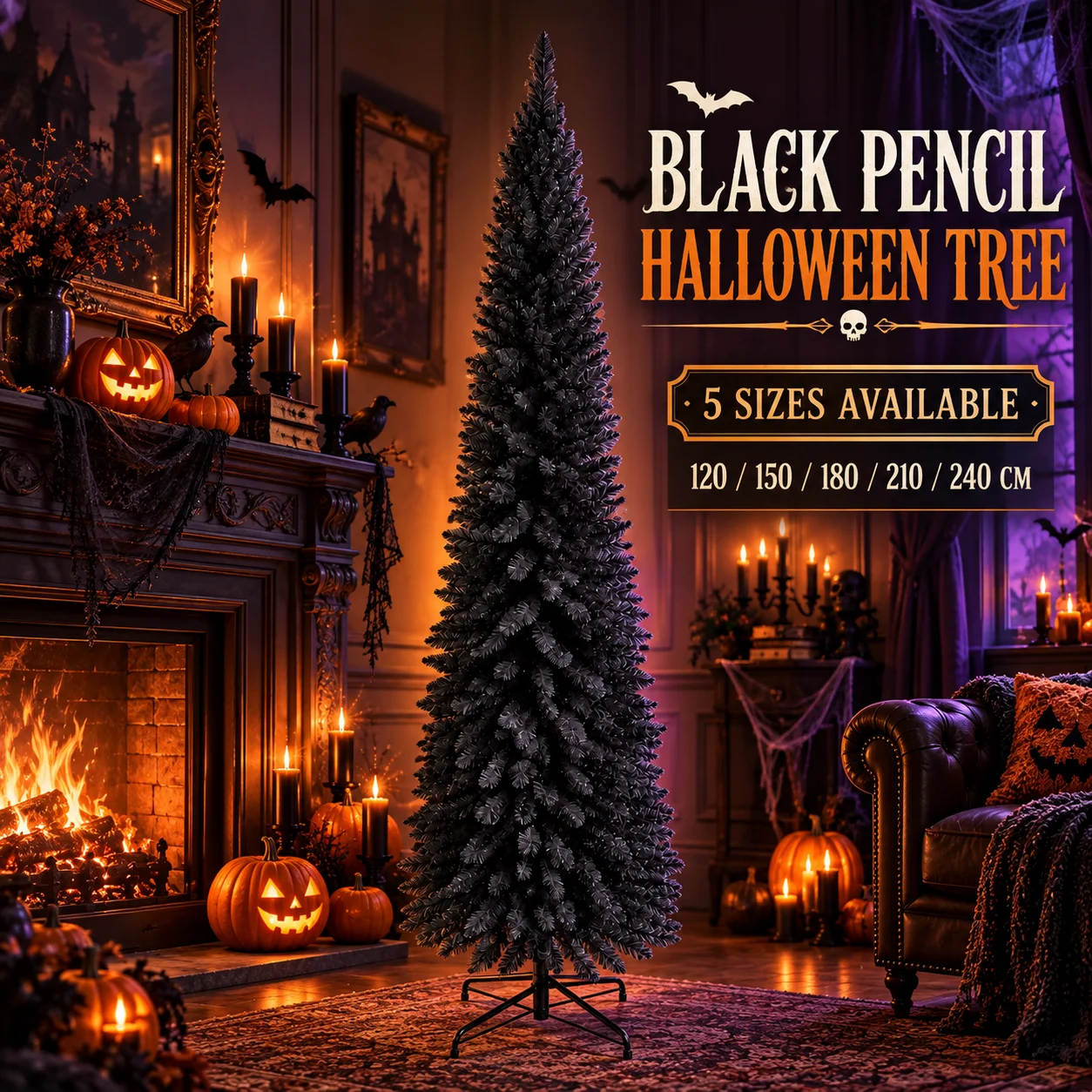 Black Artificial Pencil Christmas Tree Slim PVC Halloween Tree with Metal Stand for Indoor Home Party Holiday Decor 120-240cm
