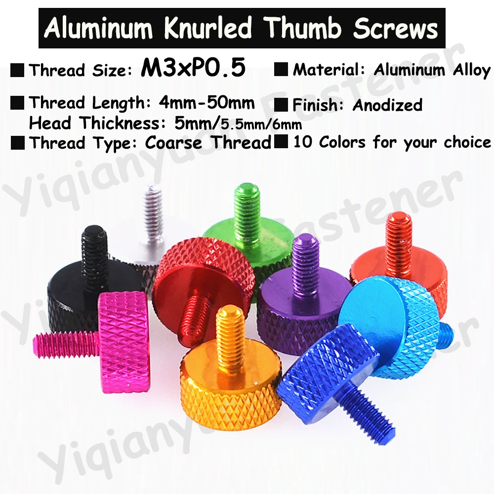 

Yiqianyuan M3xP0.5 Colorful Aluminum Knurled Thumb Screw Flat Head Hand Tighten Coarse Male Thread for Electronic Components