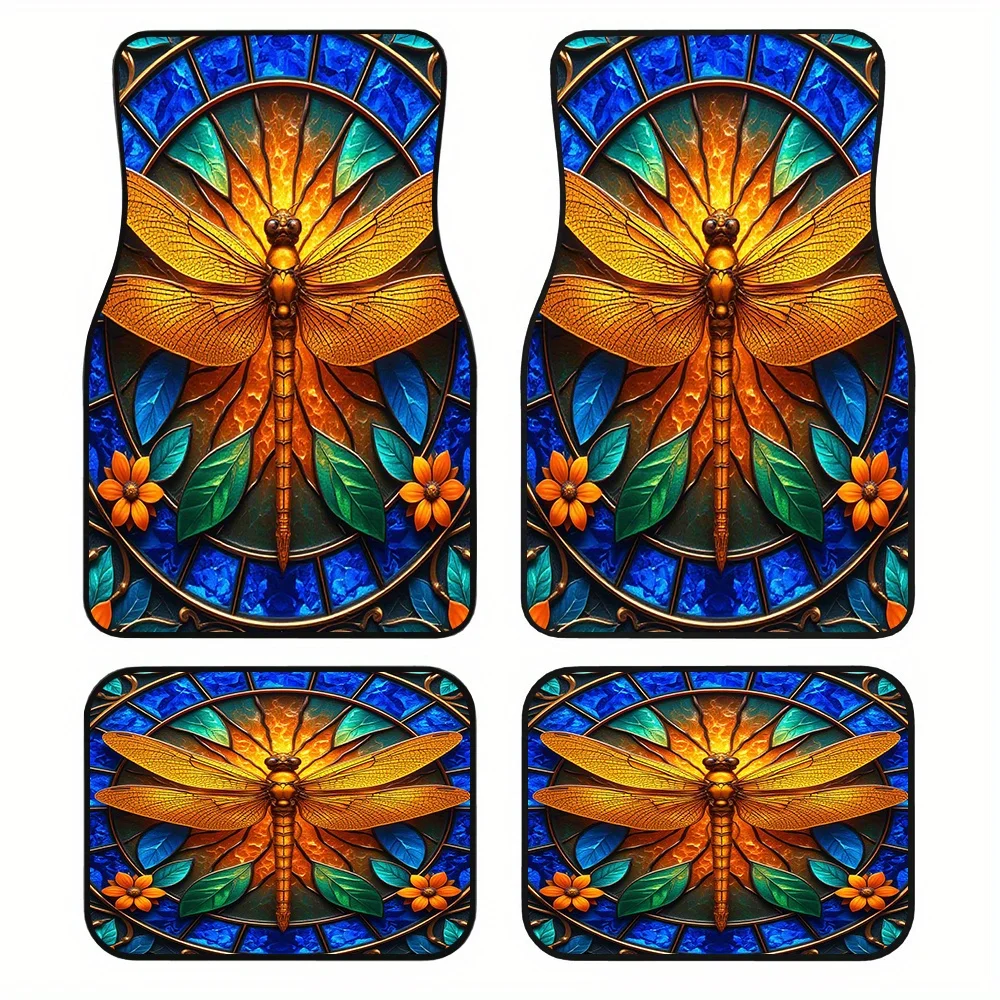 4pcs Stained Glass Dragonfly Car Mats - Vibrant & Orange Floral Design, Durable Polyester, Easy Maintenance, Perfect For SUVs &