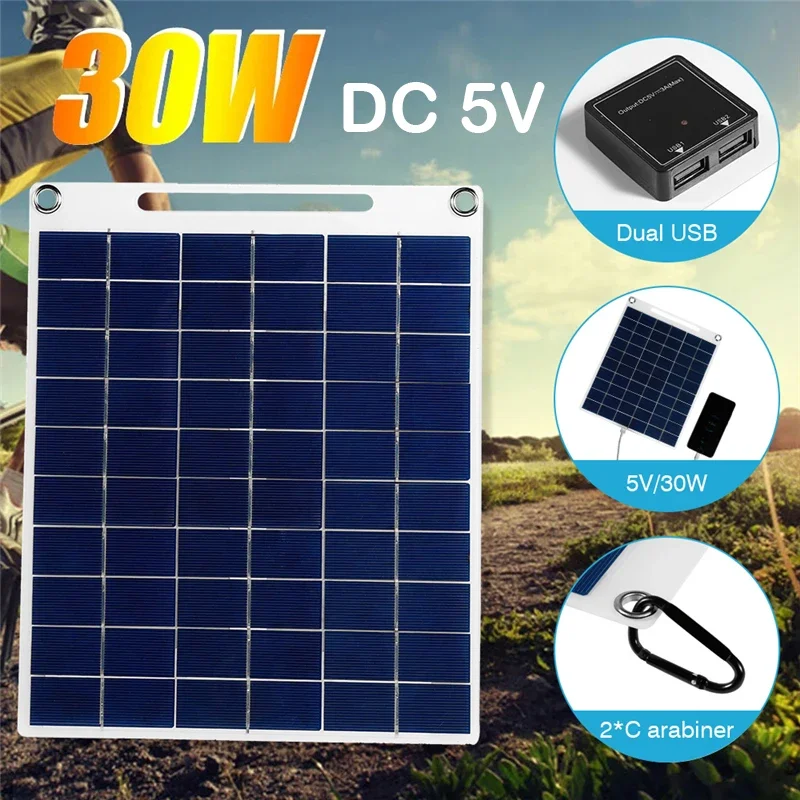 30W 5V Dual USB Solar Panel Outdoor Waterproof Hike Camping Portable Cells Power Bank Battery Solar Charger for Mobile Phone