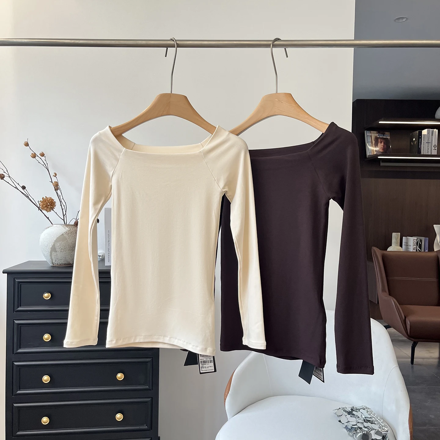 Slim Fit Knitted Long Sleeve Shoulder Bared One Shoulder Cotton T-Shirt Women's Base Shirt Knitted stretch yoga sports Top
