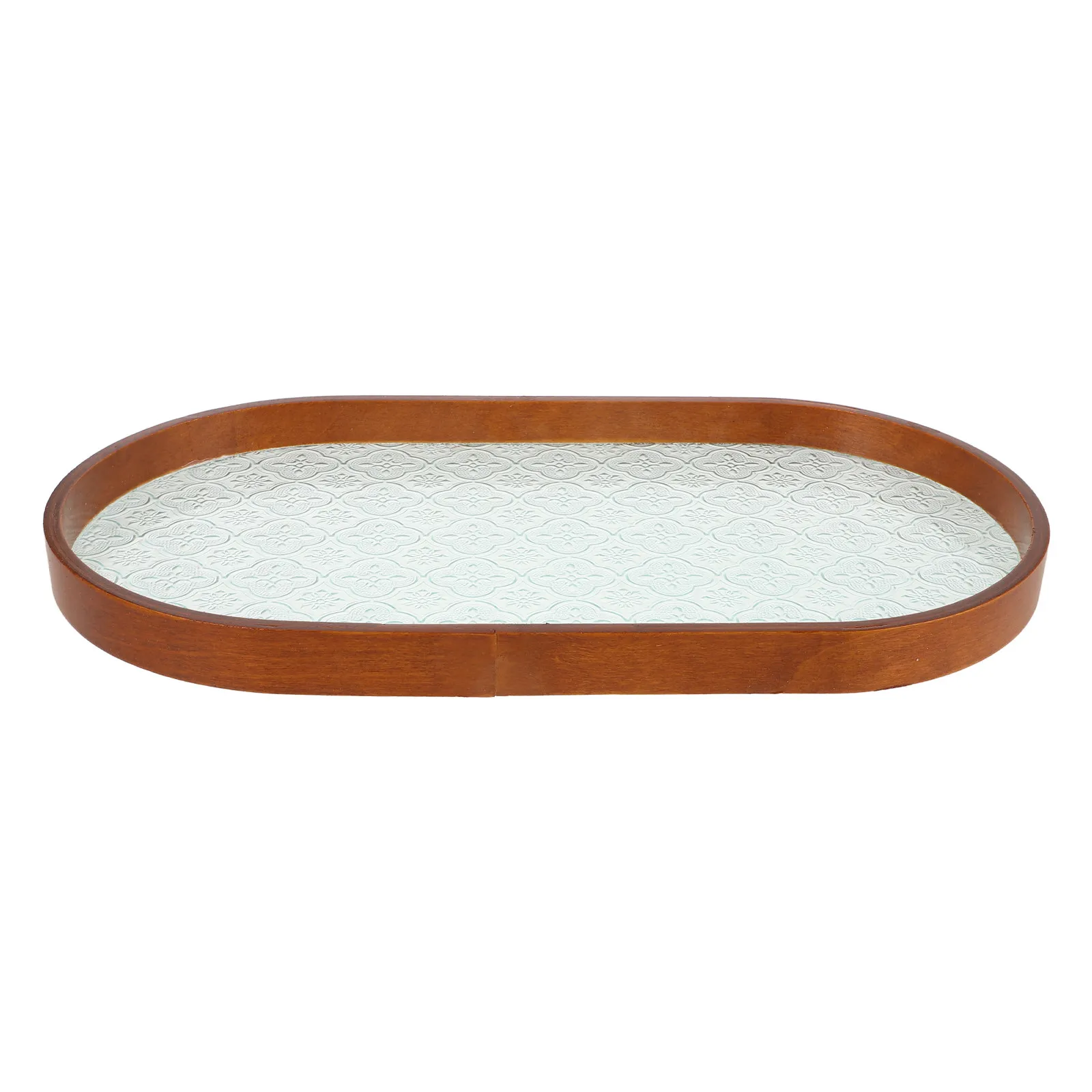 

Rectangular Glass Serving Tray with Wood Edge Chinese Style Fruit Snack Dessert Plate Decorative Tray for Coffee Table Tea