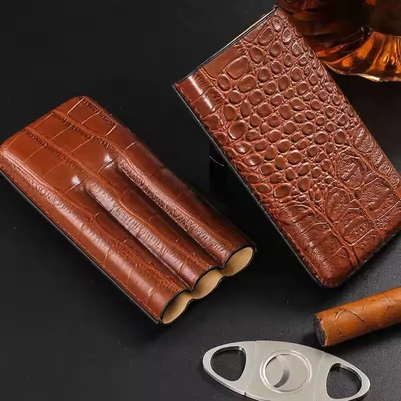 

PU Leather Cigar Case And Stainless Steel Cutter Portable Travel Case for 3 Cigars Gift for Men with Scissors