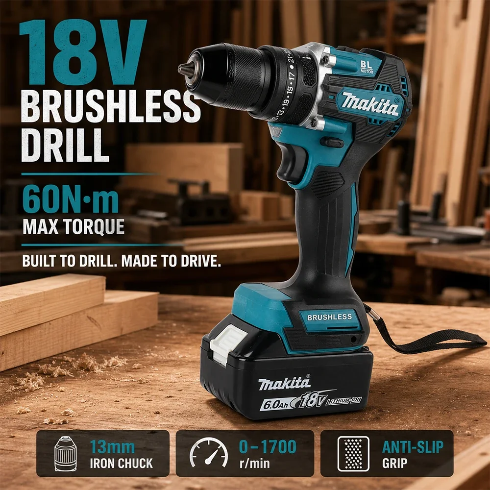 DDF487 10mm Brushless Compact Electric Drill Driver High Torque Variable Speed Brushless Motor Tool For Makita 18V Battery Pins
