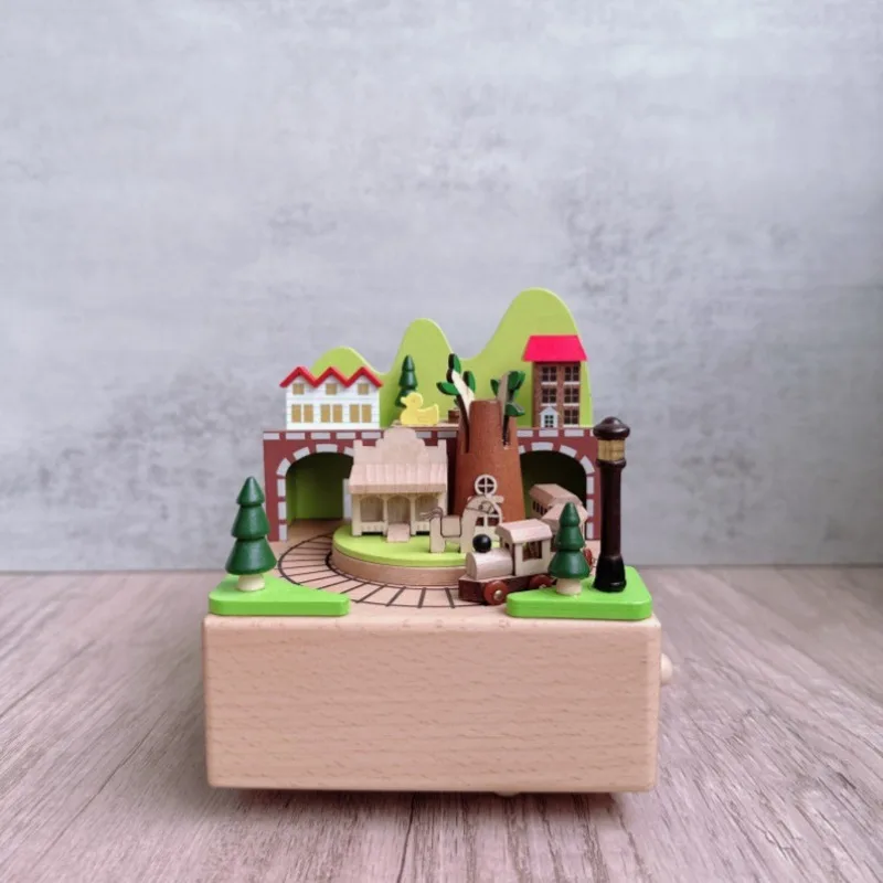 Charming Forest Miniature Train Music Box Handcrafted Wooden Railway Scene with Melody Home Decoration Collectible Kids Gift