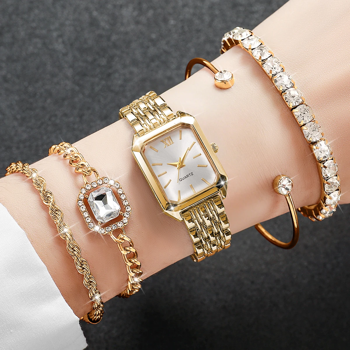 5PCS Elegant Rectangle Dial Women's Quartz Watch Diamond Bracelets Set Ladies Fashion Wristwatch Accessory Gift Relogio Feminino