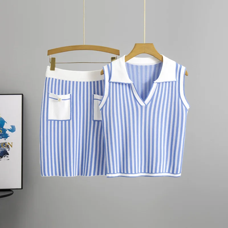 

Летние тонкие полосатые трикотажные комплекты из 2 предметов, женская трикотажная футболка без рукавов с лацканами, топы, сексуальные короткие юбки с высокой талией, наряд B687