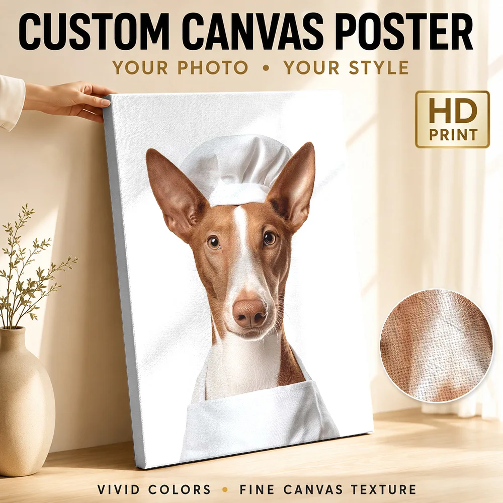 Ibizan Hound Chef Dog Wood Framed Canvas Print Personalized Photo Realistic Animal Portrait Wall Art For Kitchen Food Lover Gift