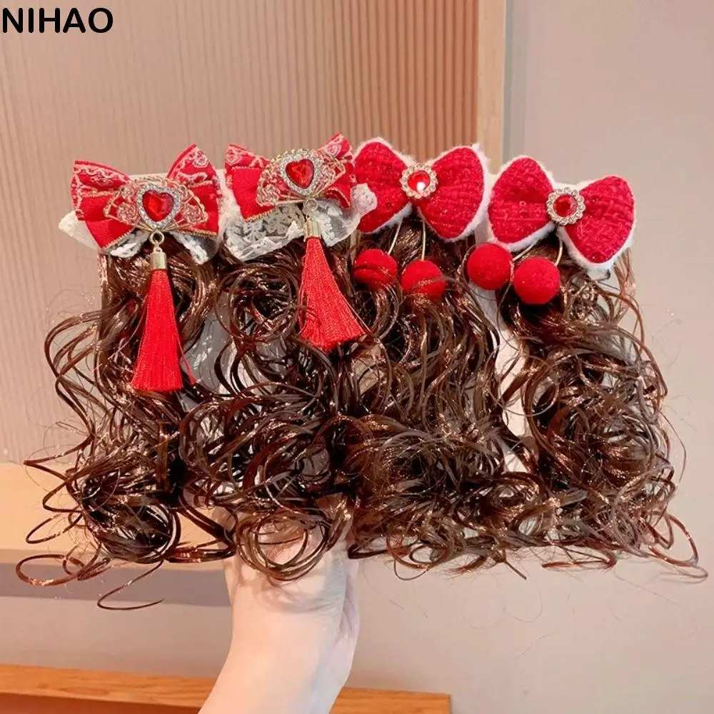 

New Year Red Bow Curly Wig Hairpin Children's Girl Red Bowknot Plush Ball Ribbon Wig Hair Clip Hair Accessories