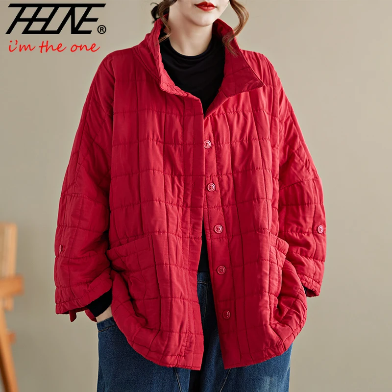 THHONE New Autumn Winter Jacket Parkas Women Loose Casual Single Breasted Thicken Red Plaid Women's Clothes Coats Outerwear Tops