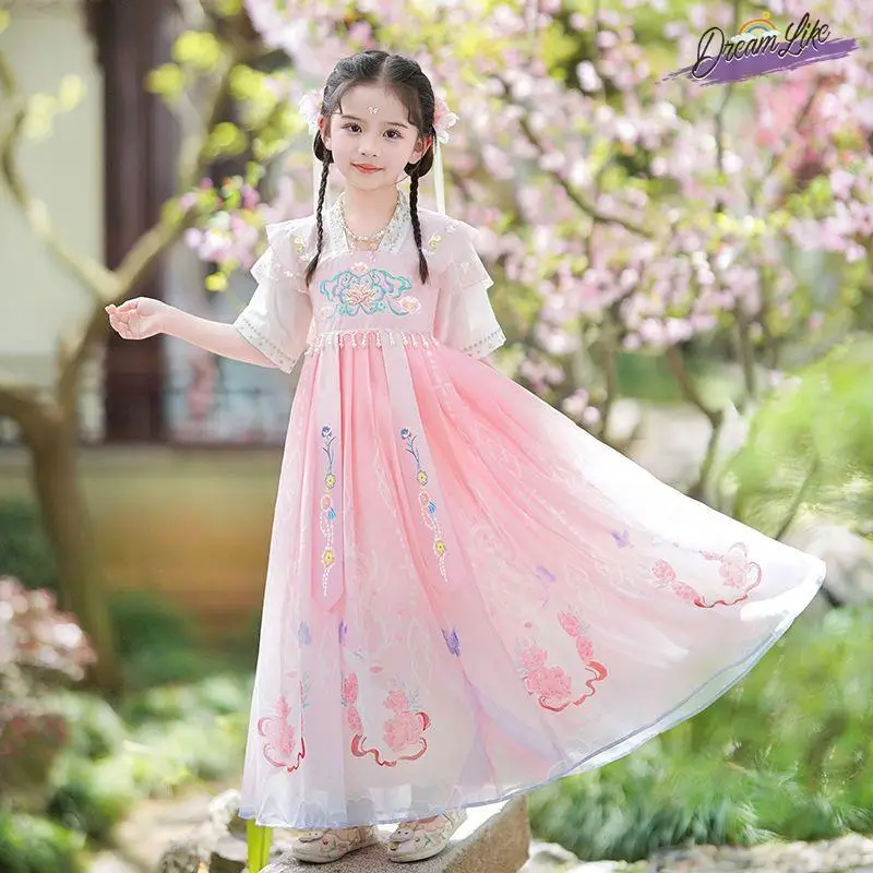 

Summer New ort Sve Hanfu Girls Dr Fairy T Sle Children's Ancient Costume Clothing Ethnic Stage Costume for Girls