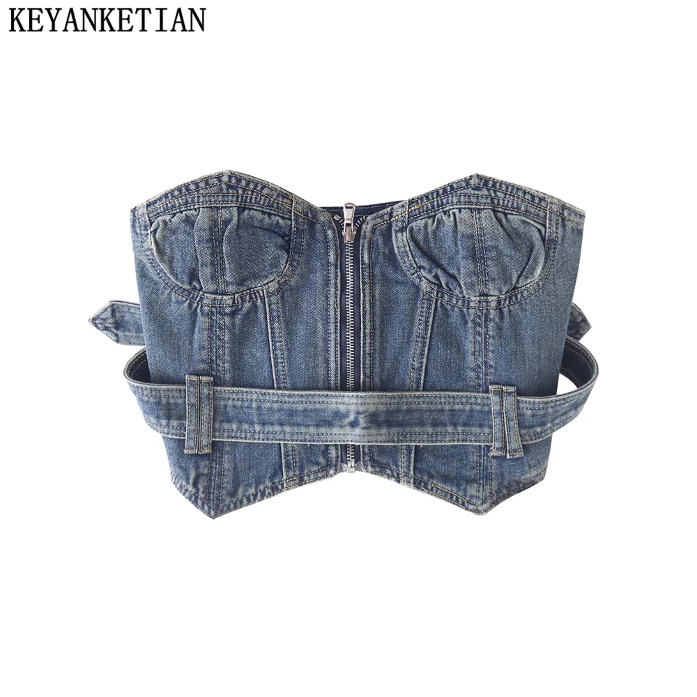 

KEYANKETIAN women's bodice new punk street style with belt, high waist, short denim vest, line neck, sleeveless over top