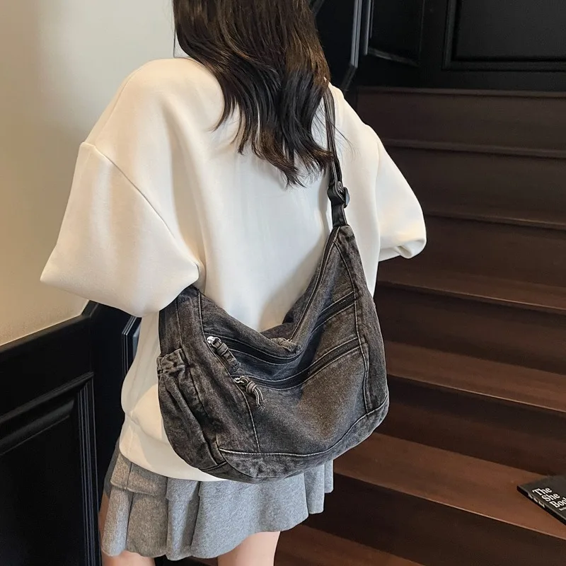 

Корейская парусиновая женская сумка через плечо, джинсовая модная сумка-мессенджер для девочек и студентов, сумка-книга для женщин, новинка 2025 года, большие сумки