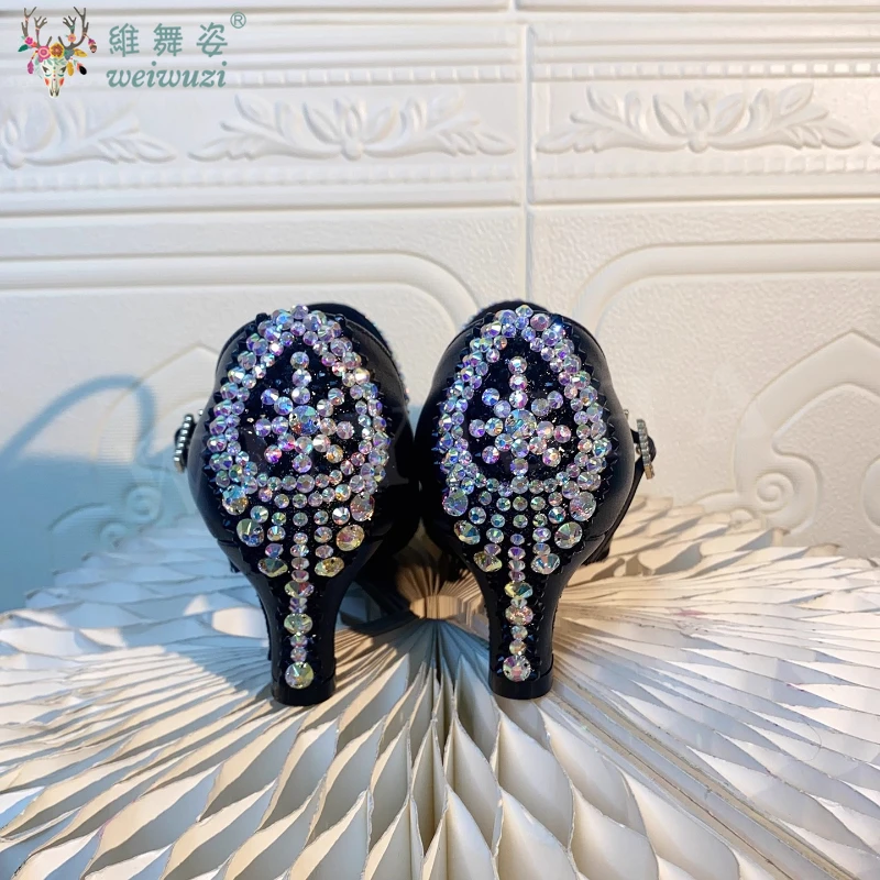 Latin Dance Heel Diamond Schuhe für Damen Senior AB Stones Walzer Social Dance Schuhe Mädchen Moder Ballsaal Latein Schwarz Pool Schuhe