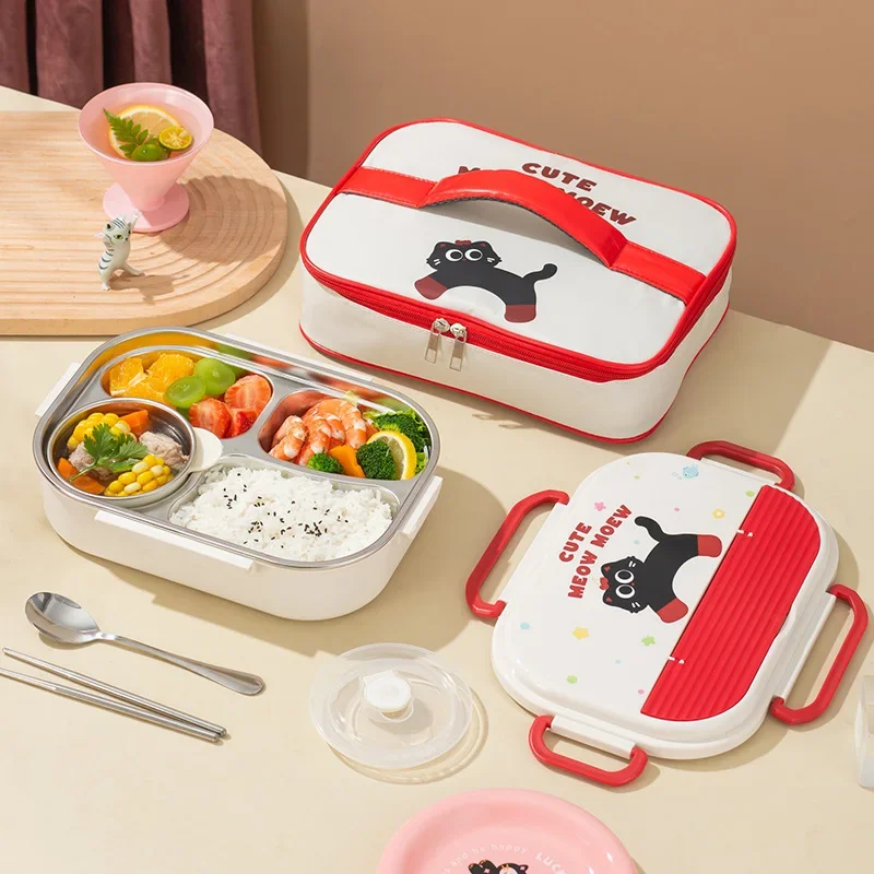 Kids 304 Stainless Steel Lunch Box with Cutlery And Carry Bag Portable Microwave-Safe Food Storage Containers for Children