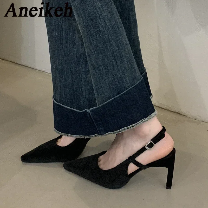 Aneikeh Retro Brown Velvet Pointed Sandals 2026 New Spring/summer Season Slim Heel High-heeled Banquet Dance Shoes Female