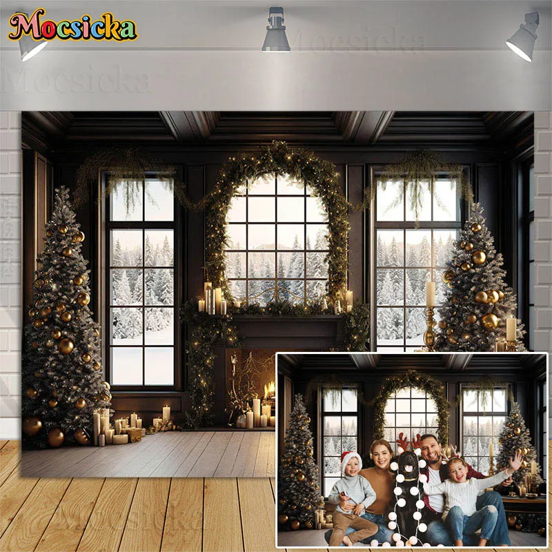 

Christmas Family Portrait Photo Background Indoor Winter Fireplace Window Xmas Trees Candles Festival Party Backdrop Decor Props