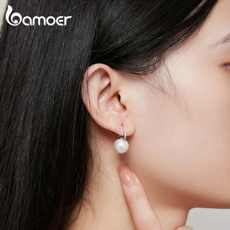 Bamoer 925 Sterling Silver Shell Bead Hoop Earring  Simple Piercing Ear Buckles for Women Birthday Anniversary Jewelry Gift