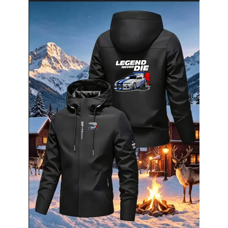 Racing style hooded jacket - full-zip casual coat with car pattern, functional pockets, machine washable polyester material
