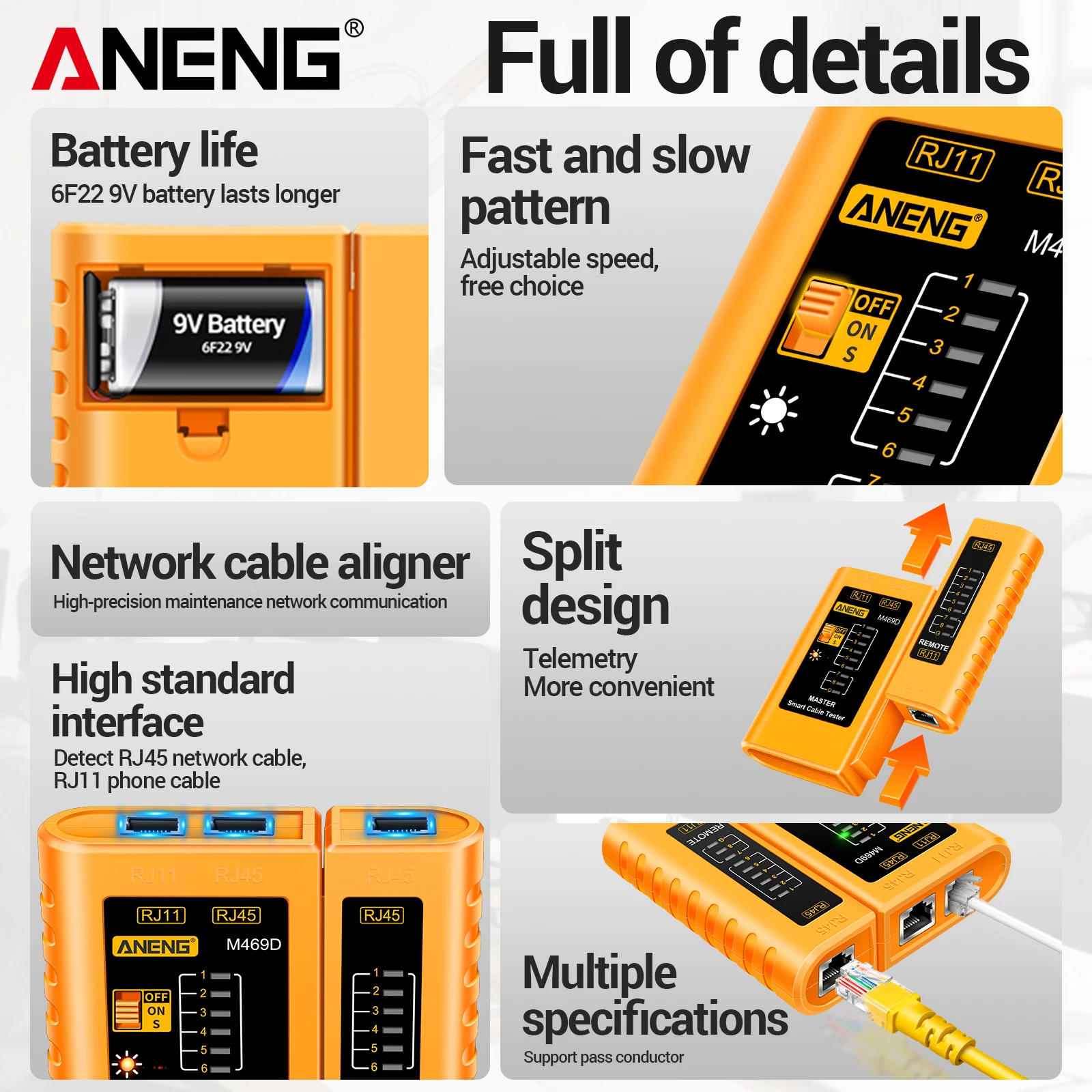 ANENG M469D Split Network Cable Tester RJ45 RJ11 Open Short Test Shielded Wire Detector ABS Flame Retardant Wiring Repair Tool