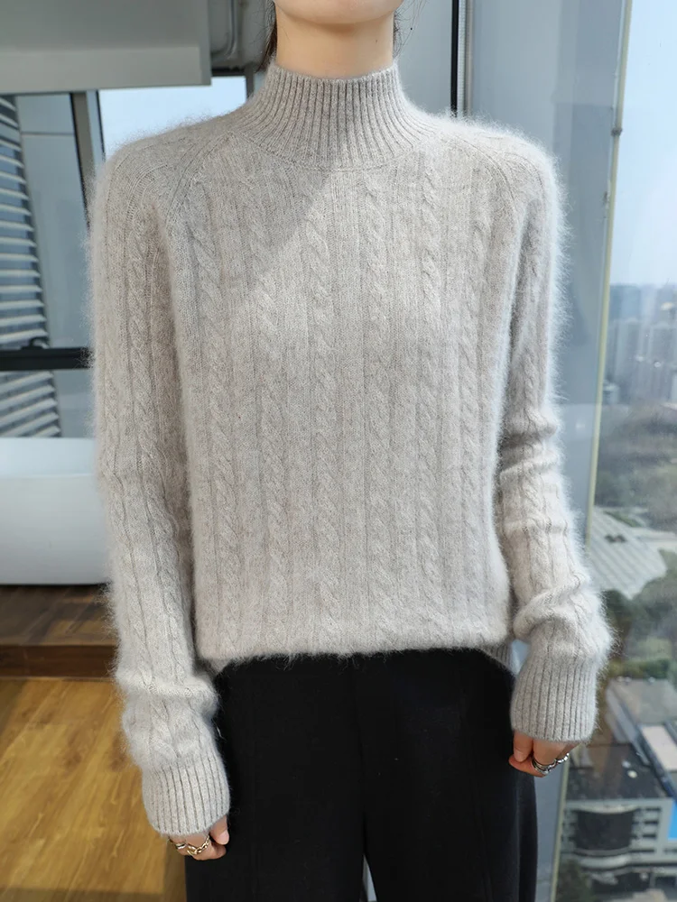 Autumn Winter Women Thick Sweater Mock Neck Pullover Twist Flower 100% Mink Cashmere Soft Warm Cashmere Knitwear Korean Fashion