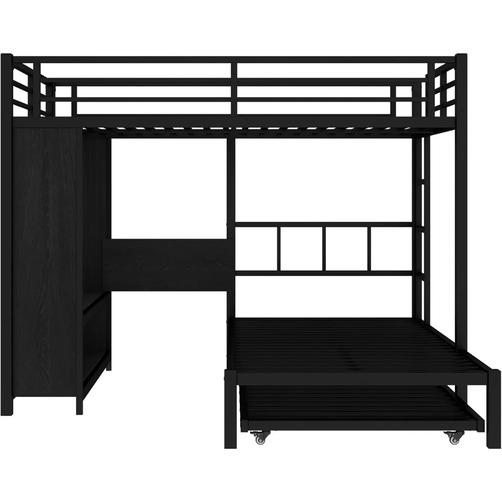 Heavy-Duty Metal Twin Bunk Bed with Built-In Wardrobe and Foldable Desk, Full Over Frame, Space-Saving Design