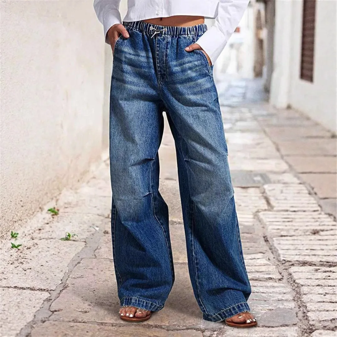 Jeans Women Straight Pants Elastic Waist Vintage Washed Distressed Pockets Denim Mom Loose Trousers 2025 Streetwear Floor Length