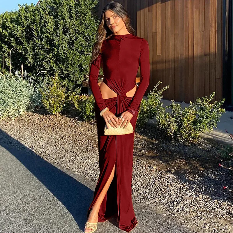 

2026 Summer Women's Round Neck Sexy Backless Split Solid Color Knot Long-sleeved Dresses Vestido Plus Size 9XL 8XL 7XL 6XL 5XL
