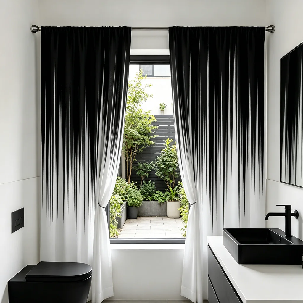 2PCS Black and White Striped Gradient Printed Curtains, Thin Design, Pole Bag Design, Suitable for Bedrooms and Living Rooms