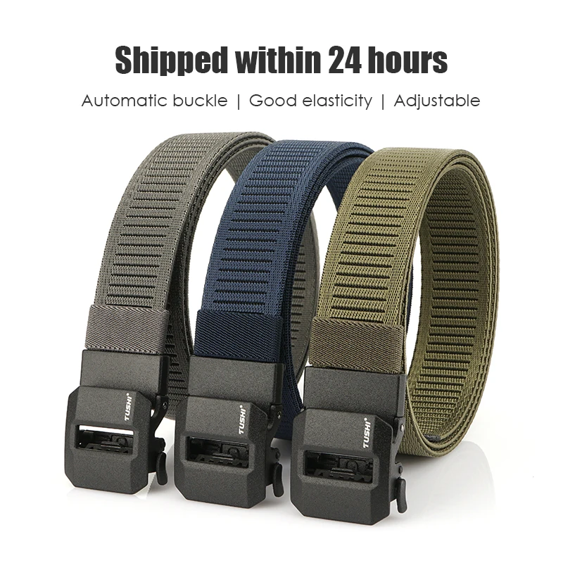 VATLTY Fashion Elastic Belt for Men Matte Metal Automatic Buckle Casual Belt Soft Genuine Nylon 100cm to 120cm Stretch Waistband