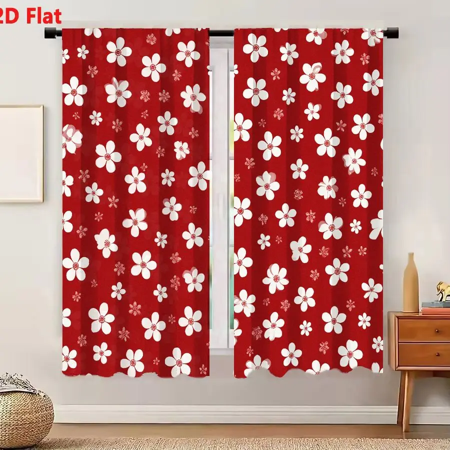 2Pcs Curtains 2D Flat Seamless Floral Pattern With White And Pink Flowers On Deep Red Background For Fabric Wallpaper Window Dra