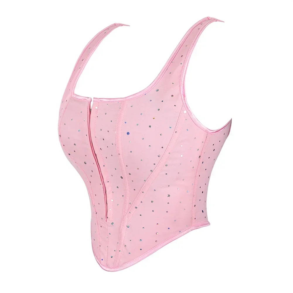 

Sexy Pink With Sequin Overbust Corset Crop Top For Women Shoulder Strap Vest Lingerie Slimming Body Shaper Overbust Bustiers