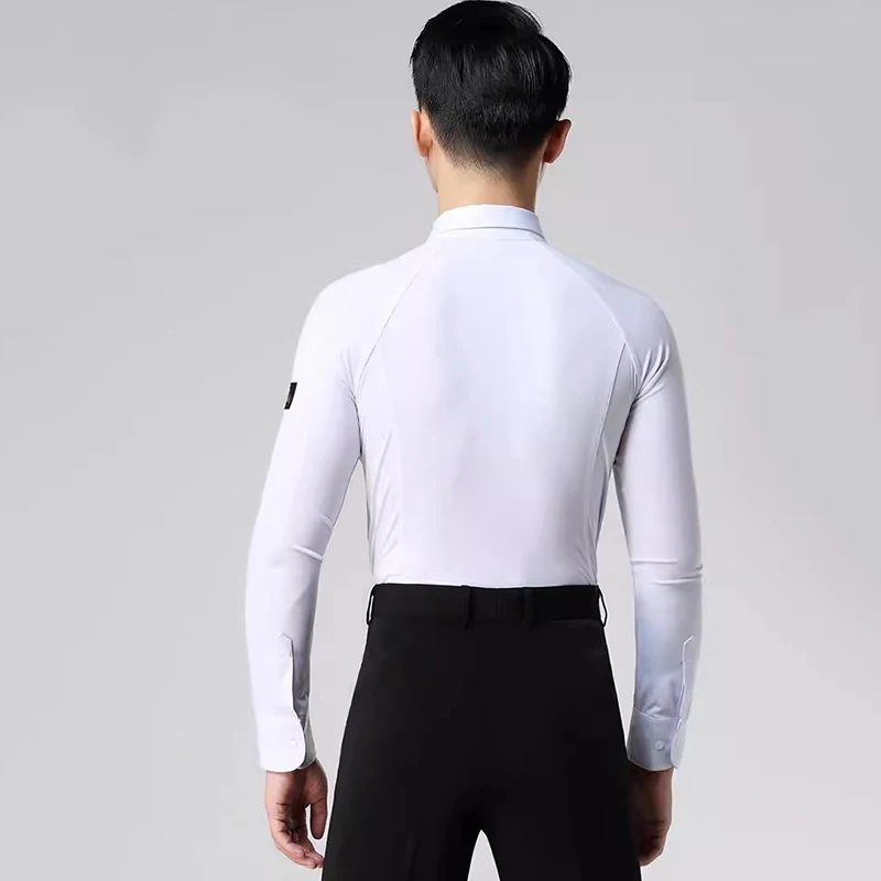 White Men Latin Dance Shirt Clothes Long Sleeve Standard Modern Ballroom Tops Performance Waltz Practice Dancewear Costumes