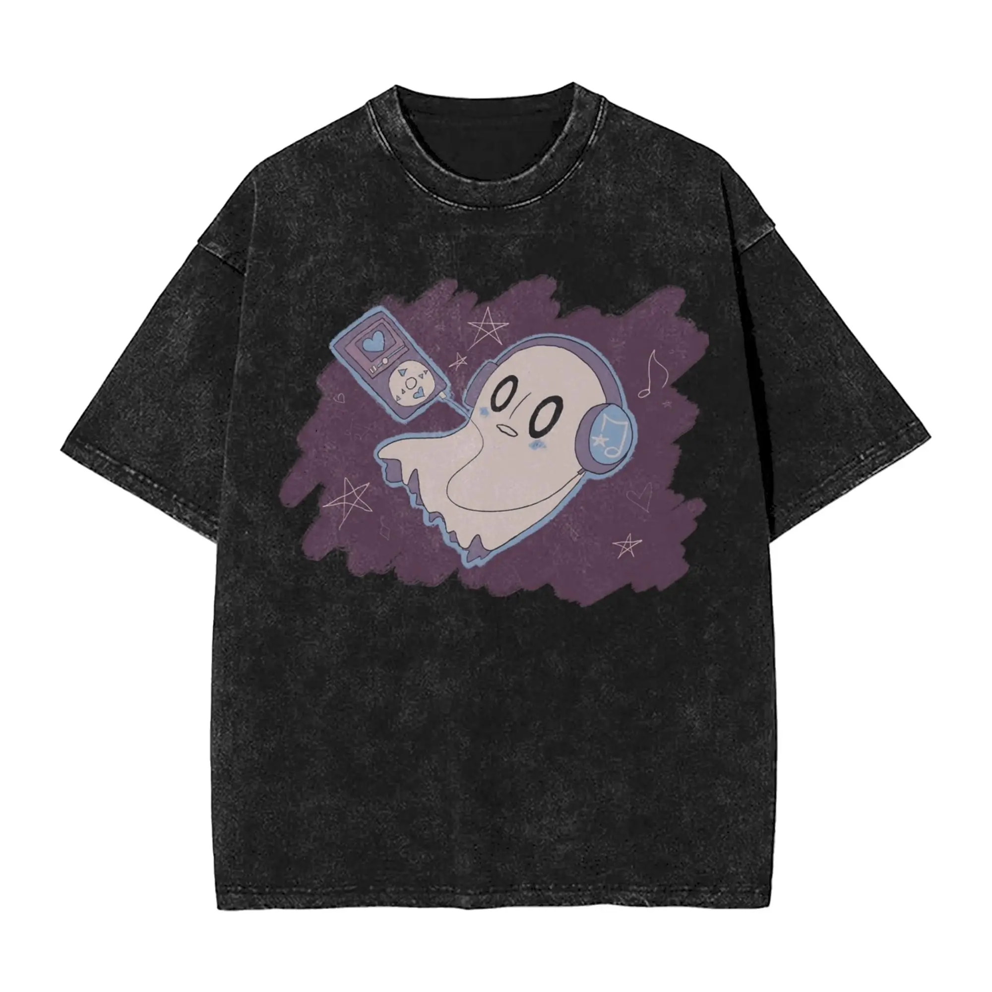Napstablook with mp3 UNDERTALE Washed T Shirts Streetwear Hip Hop Vintage T-Shirt  Tee Shirt for Men Women 100% Cotton Harajuku