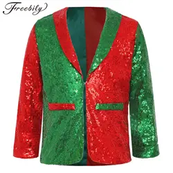 Kids Christmas Shiny Sequin Blazer Long Sleeve Lapel Jacket Coat Latin Jazz Disco Dance Clothes Santa Helper Cosplay Costume