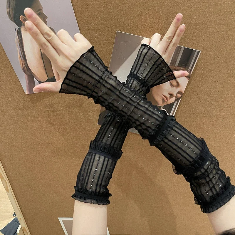 Manicure display tiro fundo menina rendas finas mangas de braço longo oco para fora luvas sem dedos para fotografia e unhas