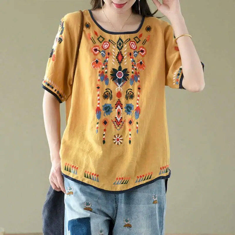 Cotton Linen T Shirts Women Ethnic Style Embroidery T-shirt Casual Vintage  O-neck Short Sleeve Tops Summer Trend Thin Tshirt