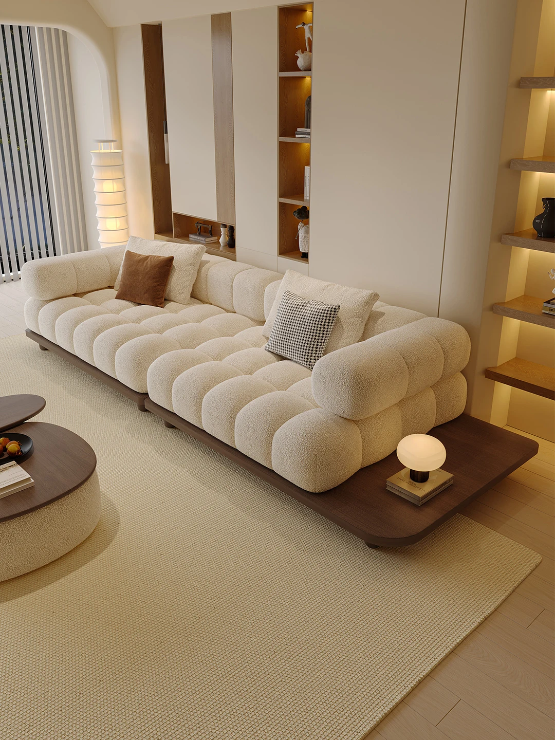 Cream Boucle Biscuit Tufted Sofa Deep Seat Chunky Couch Wood Platform Base Bolster Arm Japandi Luxury Living Room Furniture
