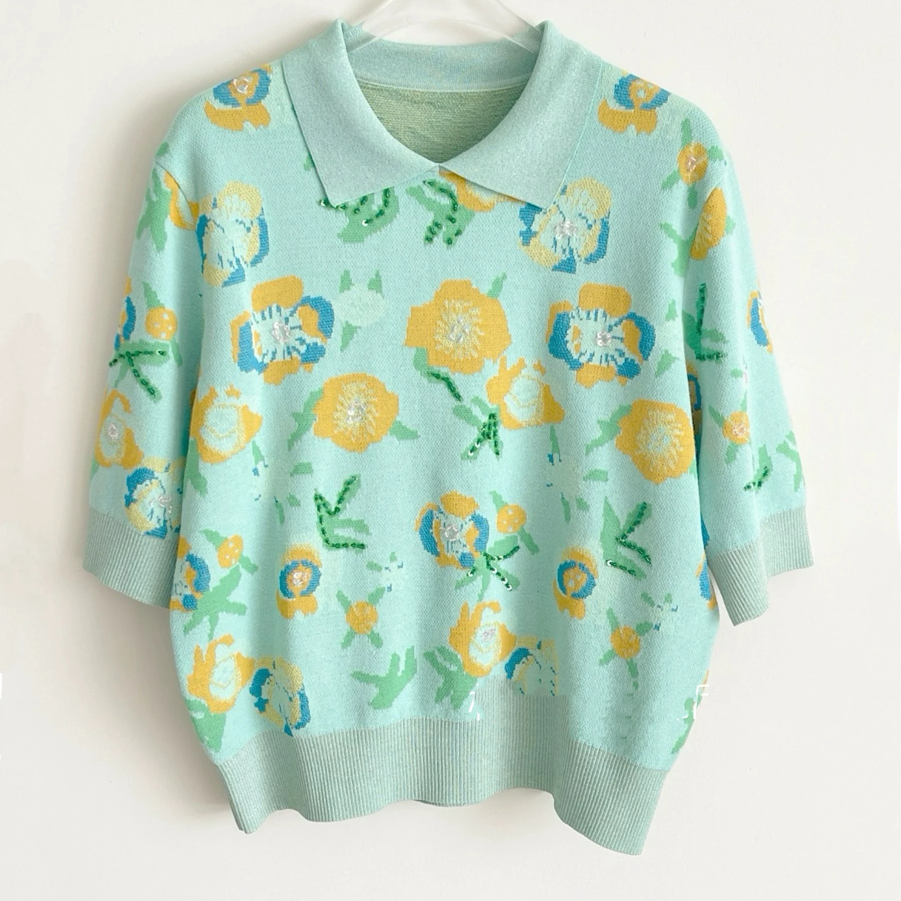 Lemon Cheese Knitted irt ort Sve  Collar Sequin Flower Pattern Versatile Ele Sle Women's Spring Faion