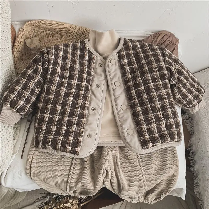 HoneyCherry Boys and Girls Vintage Cotton Plaid Jacket Warm Short Cotton Jacket Kids Jacket