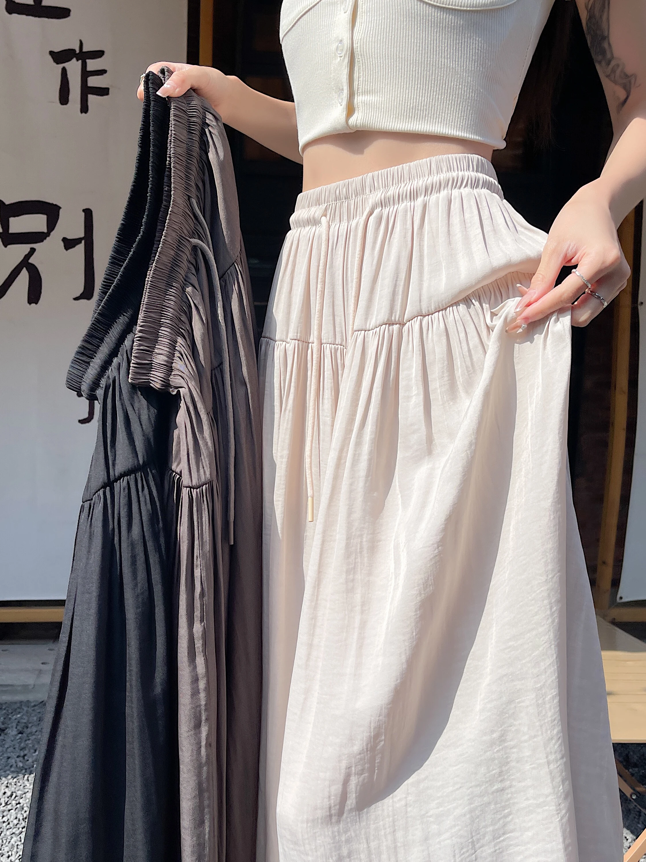 

High Waist Ice Silk Wide Leg Pants Skirt Women Summer New Style Loose Slimming Thin Versatile Casual Floor Length Trousers
