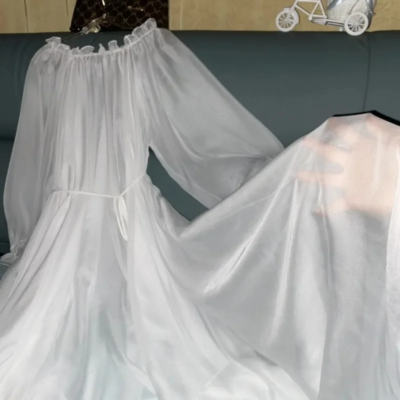 

Long Sleeves Ruffled Collar Solid Color Flowy Evening Gown Beach Dress, Men Women Silky Soft Sheer Maxi Dress Flared Skirt