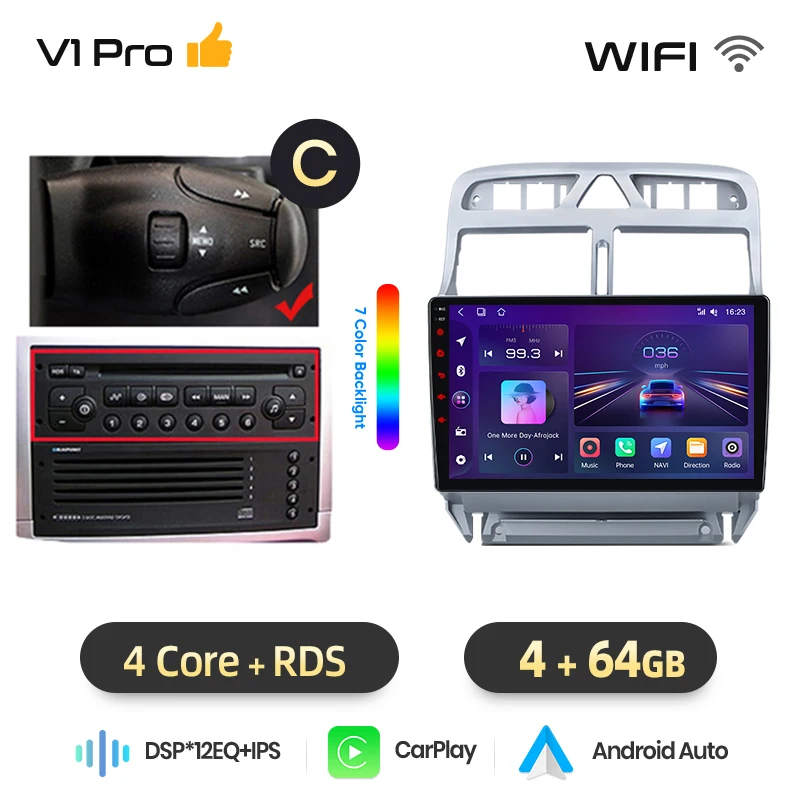 Junsun draadloze CarPlay Android Auto autoradio voor Peugeot 307 (Hatchback/SW/CC) 2001-2008 met ingebouwde koelventilator, Android GPS navigatie, multimediaspeler, WiFi, DSP, RDS, BT, SWC, IPS