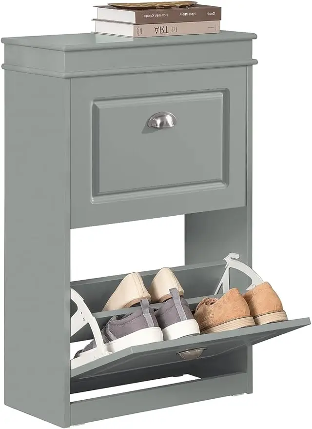 FSR78-HG, Grey 2 Flip Drawers Shoe Cabinet, Freestanding Shoe Rack, Shoe Storage Cupboard Organizer