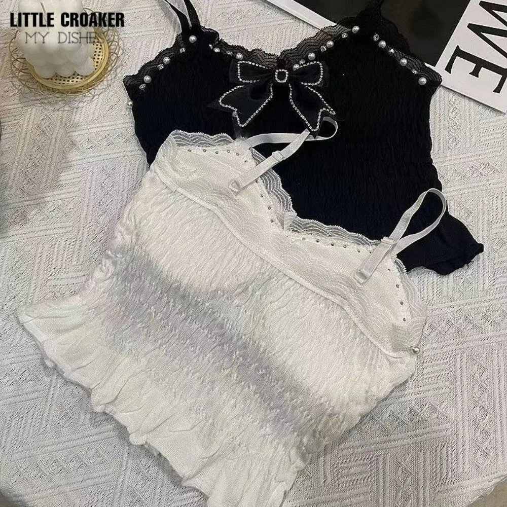 Cute Tanks Camis Black White Lace Beaded Crop Tops Women 2024