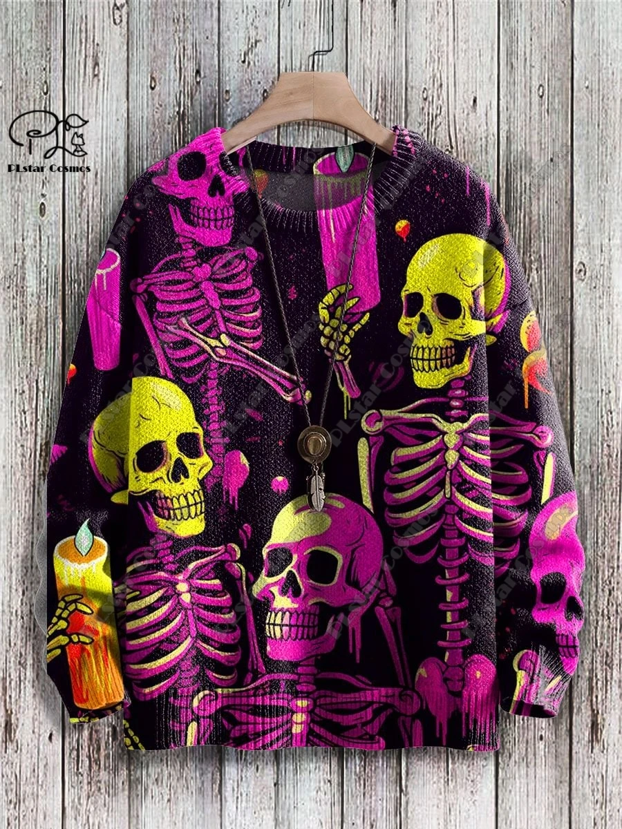 PLstar Cosmos New 3D Printed Horror Series Green Skull Pattern Ugly Sweater Winter Street Casual Unisex