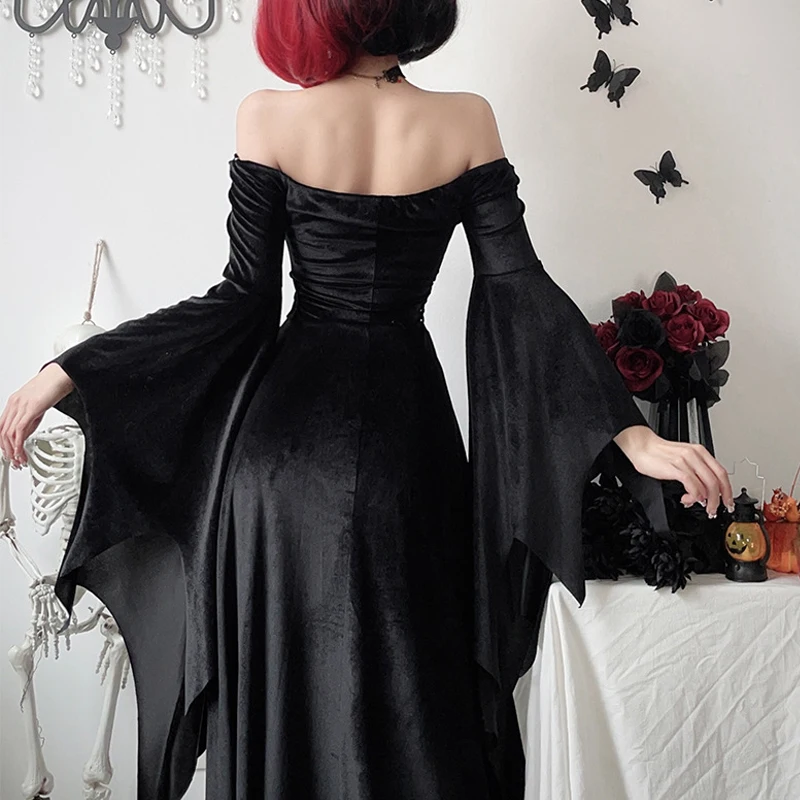 Morticia Addams Cosplay Costume Women's Gothic Dress Sexy Dress Medieval Vintage Witch Long Skirt Bat Sleeve Mermaid Dresses