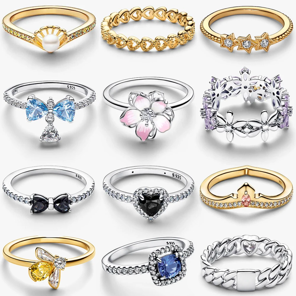 2026 New 925 Silver Sparkling Bow Transparent Heart shaped Bee Rose Shell Star Crown Ring DIY Exquisite Charm Jewelry Gift
