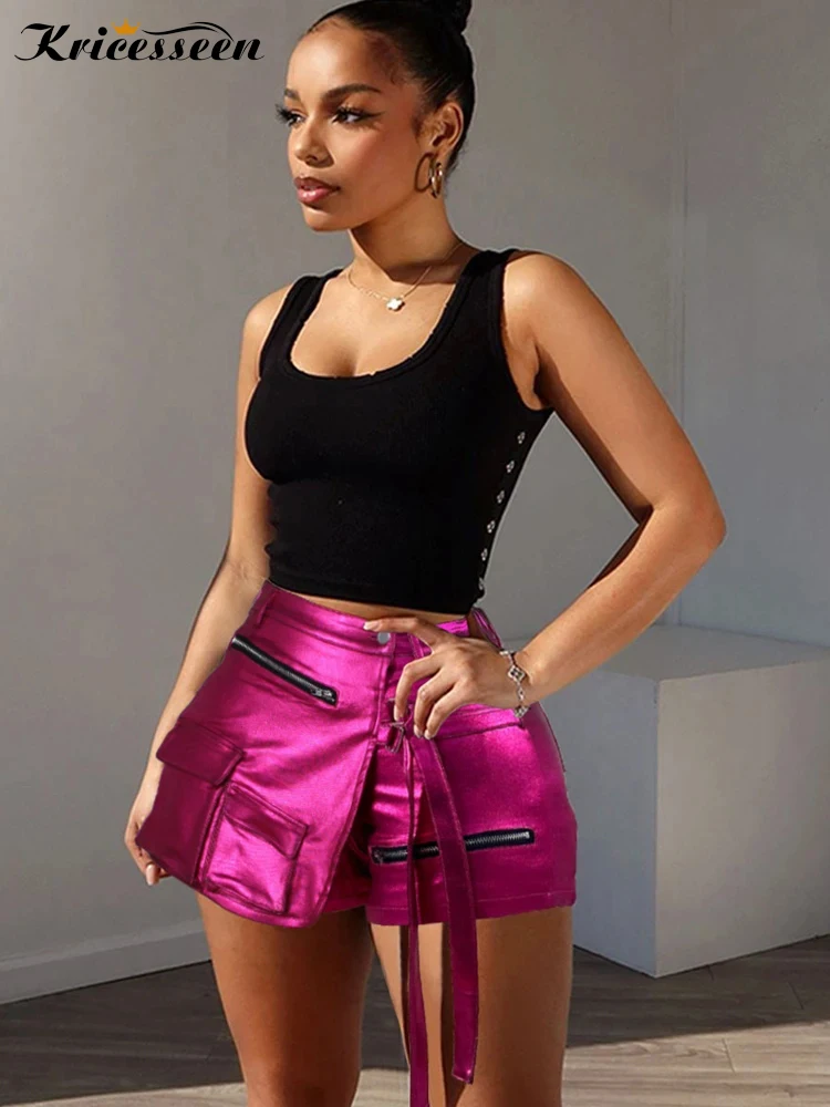 

Kricesseen Trendy Half Wrap Faux Leather Shorts Fashion Pockets Details Zippers Metallic Shorts Festival Outfits Sexy Clubwear