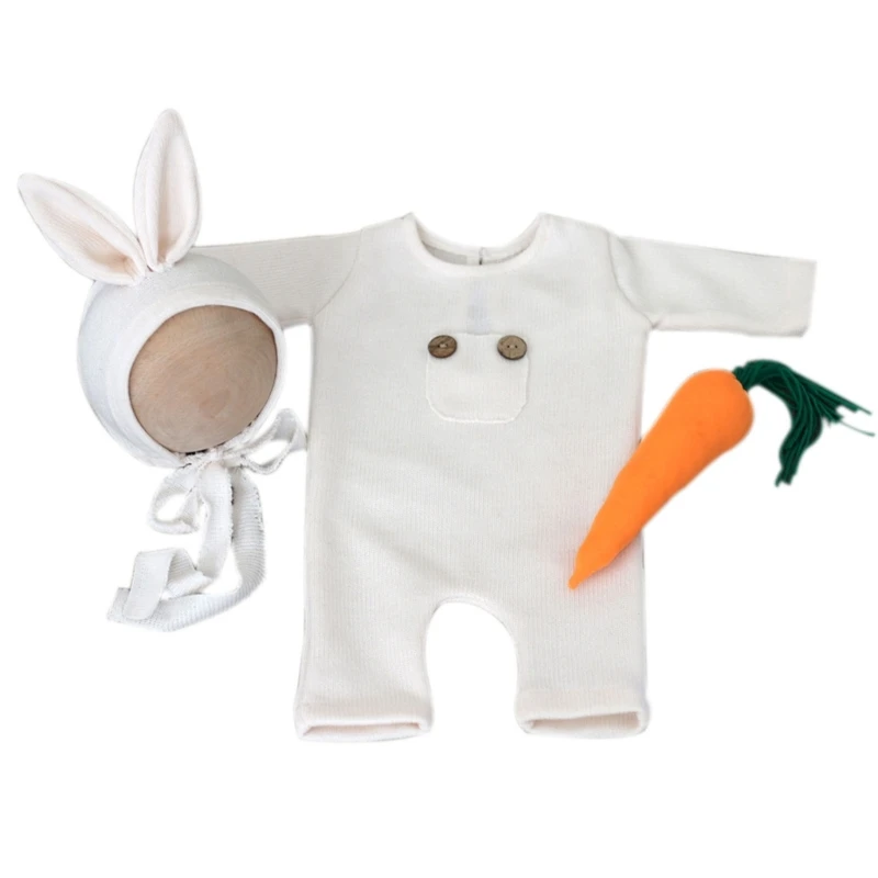 Baby Photography Easter Costume Rabbit Ear Hat & Jumpsuit Carrot set for Infant Newborns Photo Clothes Infant  Romper 3PCS